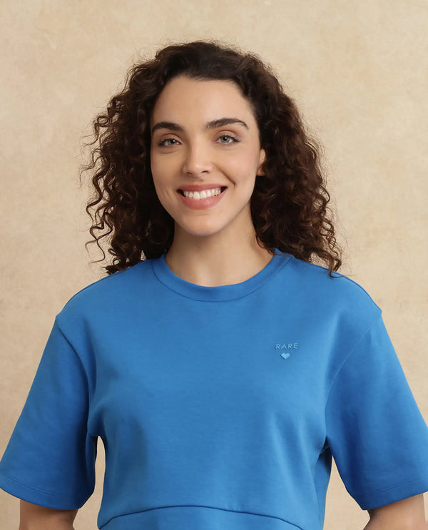 Rareism Women Afrib Blue Cotton Poly Fabric Half Sleeve Crew Neck Cropped Plain T-Shirt