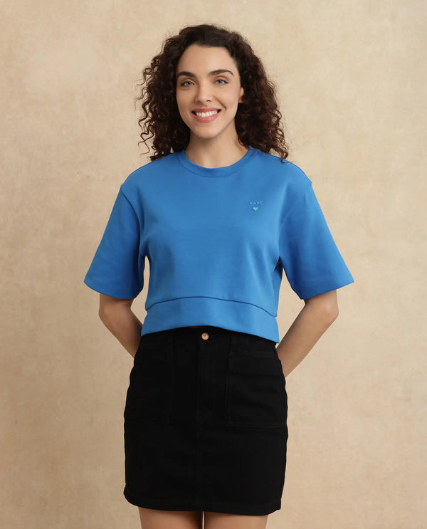 Rareism Women Afrib Blue Cotton Poly Fabric Half Sleeve Crew Neck Cropped Plain T-Shirt