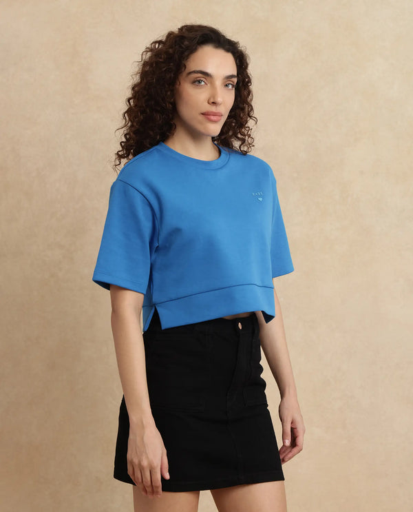 Rareism Women Afrib Blue Cotton Poly Fabric Half Sleeve Crew Neck Cropped Plain T-Shirt