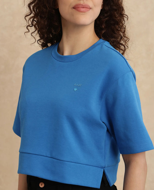 Rareism Women Afrib Blue Cotton Poly Fabric Half Sleeve Crew Neck Cropped Plain T-Shirt