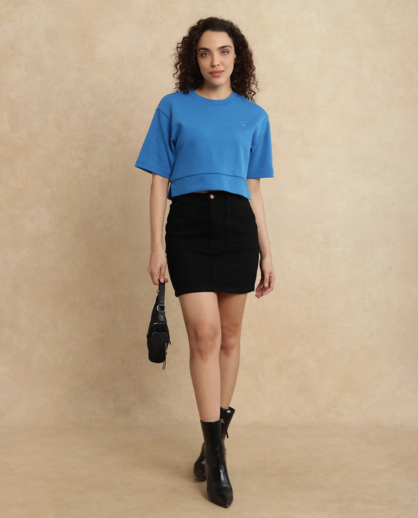 Rareism Women Afrib Blue Cotton Poly Fabric Half Sleeve Crew Neck Cropped Plain T-Shirt