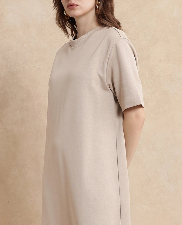 Rareism Women Afrinca Beige Cotton Polyester Fabric Plain Dress