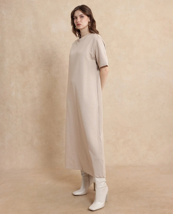 Rareism Women Afrinca Beige Cotton Polyester Fabric Plain Dress