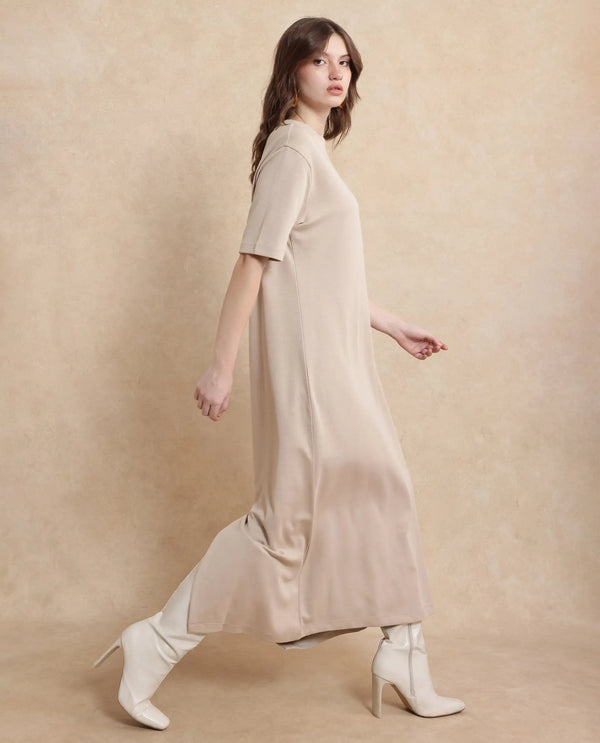 Rareism Women Afrinca Beige Cotton Polyester Fabric Plain Dress