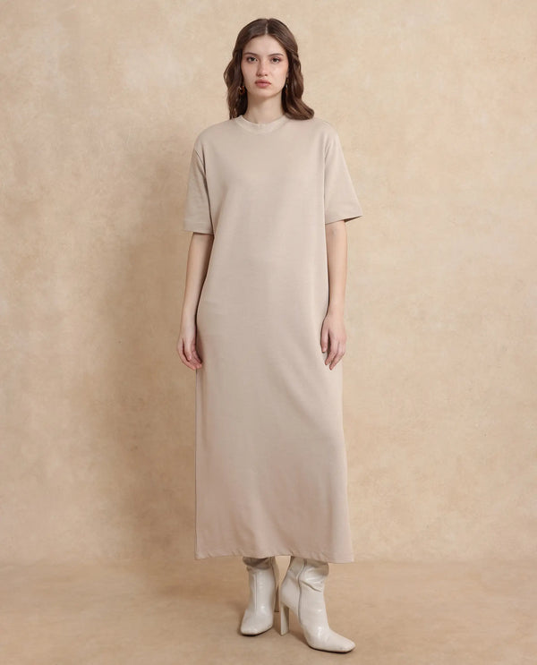Rareism Women Afrinca Beige Cotton Polyester Fabric Plain Dress