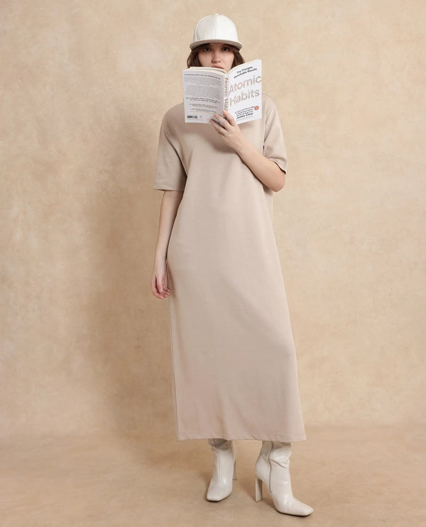Rareism Women Afrinca Beige Cotton Polyester Fabric Plain Dress