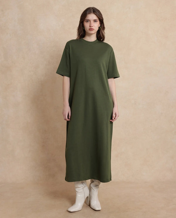 Rareism Women's Afrinca Olive Cotton Blend Fabric Crew Neck  Half Sleeve Plain Relaxed Fit Maxi Dress