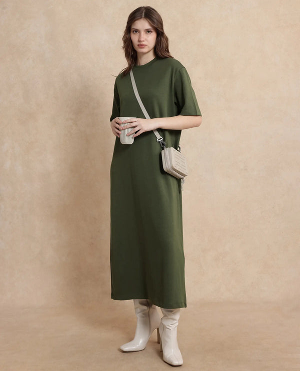 Rareism Women's Afrinca Olive Cotton Blend Fabric Crew Neck  Half Sleeve Plain Relaxed Fit Maxi Dress