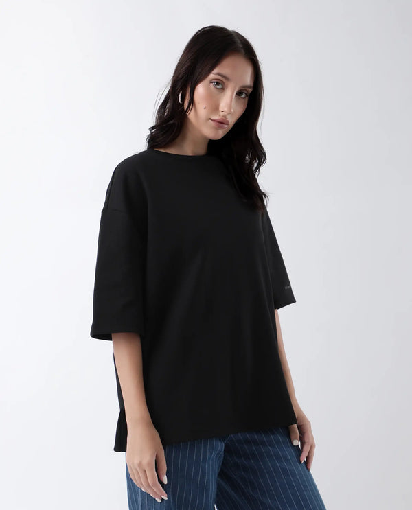 Rareism Women Afsko-T Black Cotton Poly Fabric Half Sleeve Crew Neck Relaxed Fit Plain T-Shirt