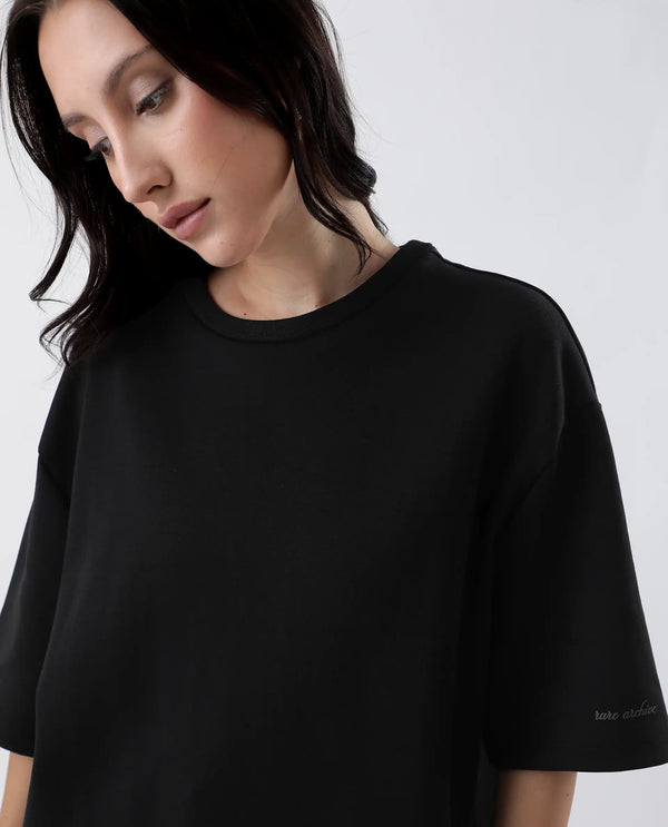 Rareism Women Afsko-T Black Cotton Poly Fabric Half Sleeve Crew Neck Relaxed Fit Plain T-Shirt