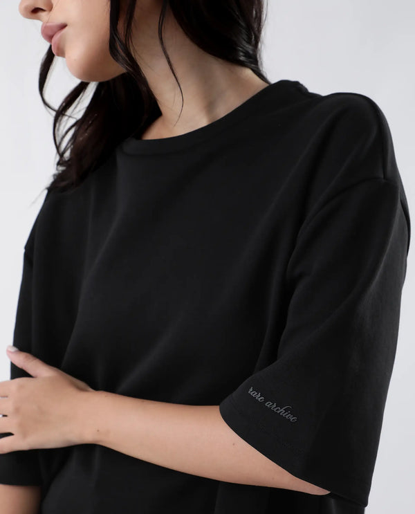 Rareism Women Afsko-T Black Cotton Poly Fabric Half Sleeve Crew Neck Relaxed Fit Plain T-Shirt