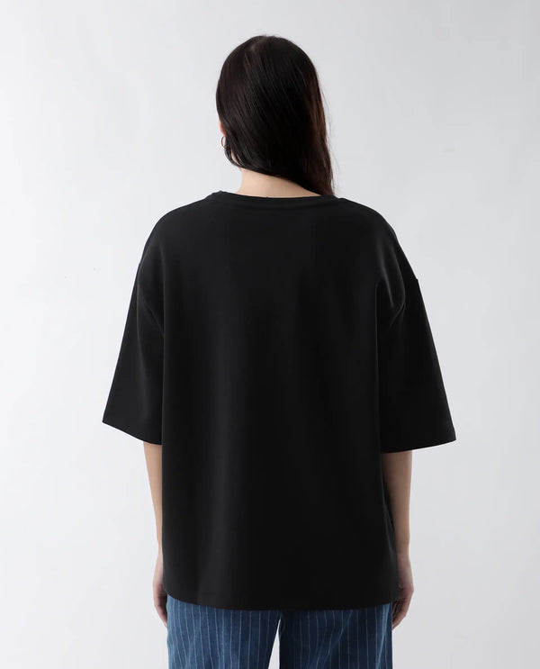Rareism Women Afsko-T Black Cotton Poly Fabric Half Sleeve Crew Neck Relaxed Fit Plain T-Shirt