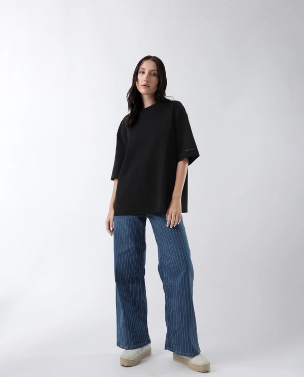 Rareism Women Afsko-T Black Cotton Poly Fabric Half Sleeve Crew Neck Relaxed Fit Plain T-Shirt