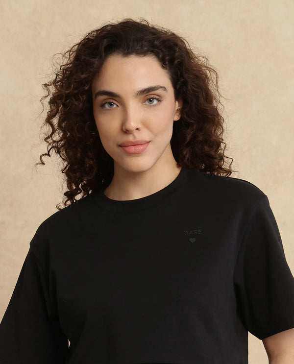 Rareism Women Aftok-T Black Cotton Poly Fabric Half Sleeve Crew Neck Cropped Plain T-Shirt