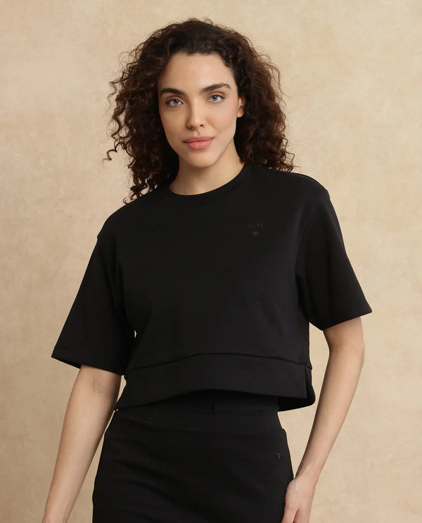 Rareism Women Aftok-T Black Cotton Poly Fabric Half Sleeve Crew Neck Cropped Plain T-Shirt