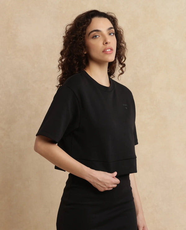 Rareism Women Aftok-T Black Cotton Poly Fabric Half Sleeve Crew Neck Cropped Plain T-Shirt