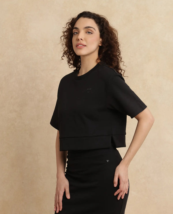 Rareism Women Aftok-T Black Cotton Poly Fabric Half Sleeve Crew Neck Cropped Plain T-Shirt