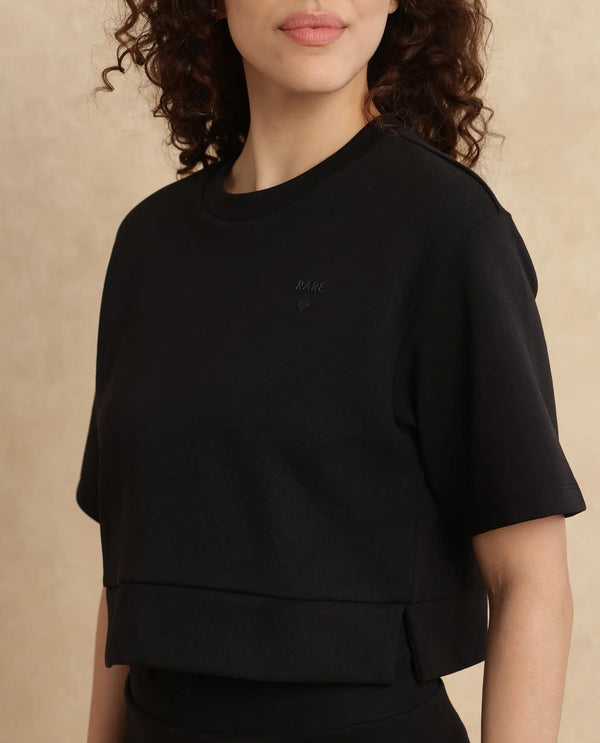 Rareism Women Aftok-T Black Cotton Poly Fabric Half Sleeve Crew Neck Cropped Plain T-Shirt