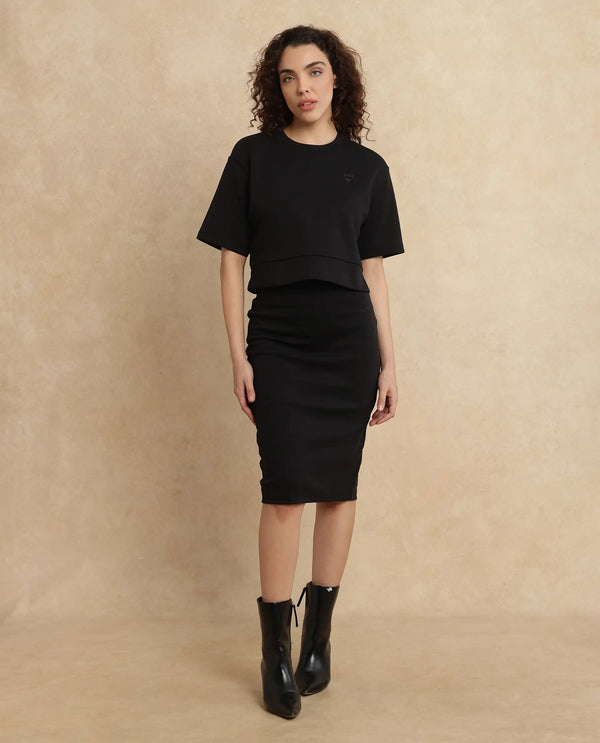 Rareism Women Afsko-B Black Cotton Poly Fabric Tie-Up Closure Straight Fit Midi Plain Skirt