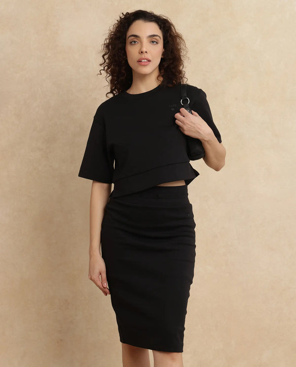 Rareism Women Afsko-B Black Cotton Poly Fabric Tie-Up Closure Straight Fit Midi Plain Skirt