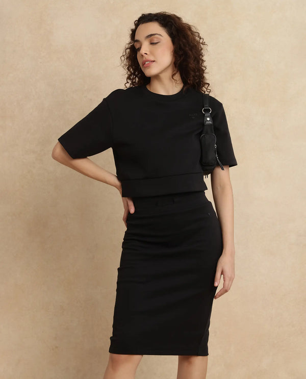 Rareism Women Afsko-B Black Cotton Poly Fabric Tie-Up Closure Straight Fit Midi Plain Skirt