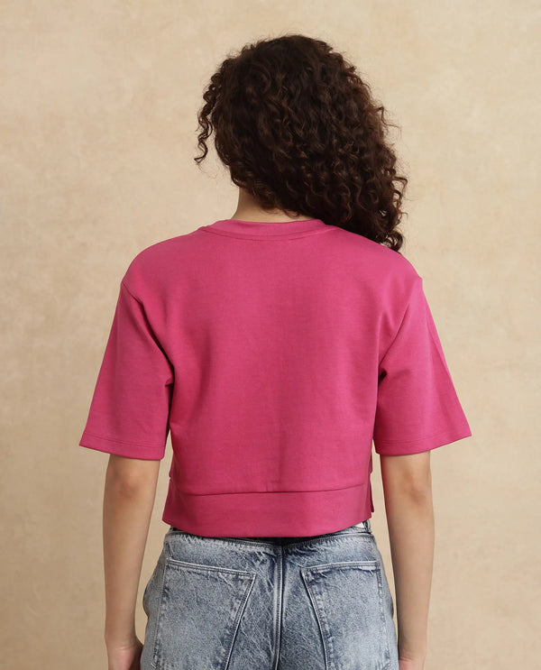 Rareism Women Aftok-T Pink Cotton Poly Fabric Half Sleeve Crew Neck Cropped Plain T-Shirt