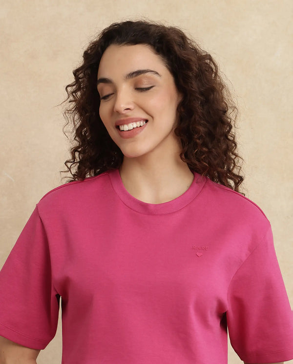 Rareism Women Aftok-T Pink Cotton Poly Fabric Half Sleeve Crew Neck Cropped Plain T-Shirt