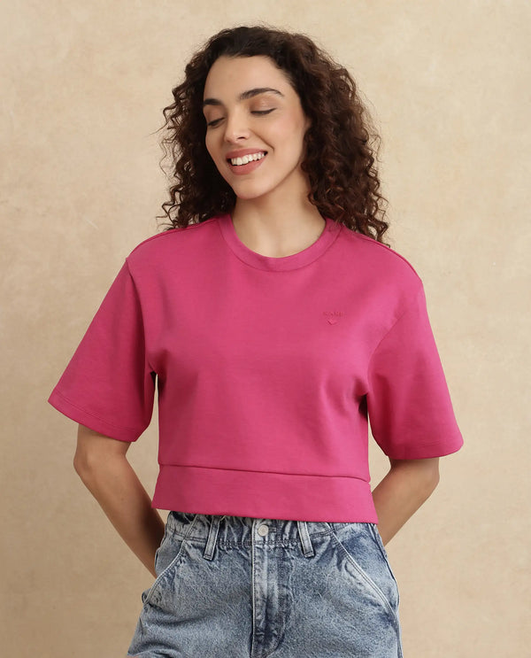 Rareism Women Aftok-T Pink Cotton Poly Fabric Half Sleeve Crew Neck Cropped Plain T-Shirt