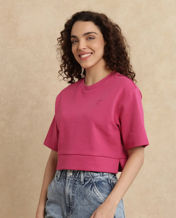 Rareism Women Aftok-T Pink Cotton Poly Fabric Half Sleeve Crew Neck Cropped Plain T-Shirt