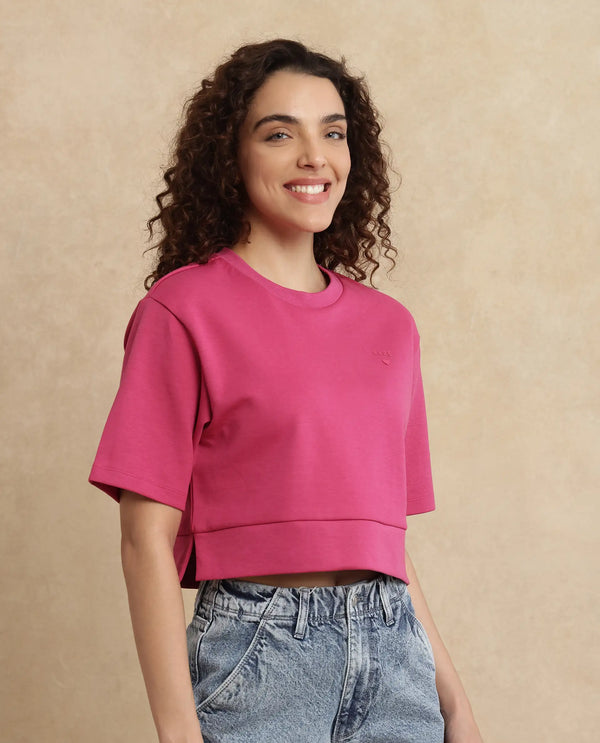 Rareism Women Aftok-T Pink Cotton Poly Fabric Half Sleeve Crew Neck Cropped Plain T-Shirt