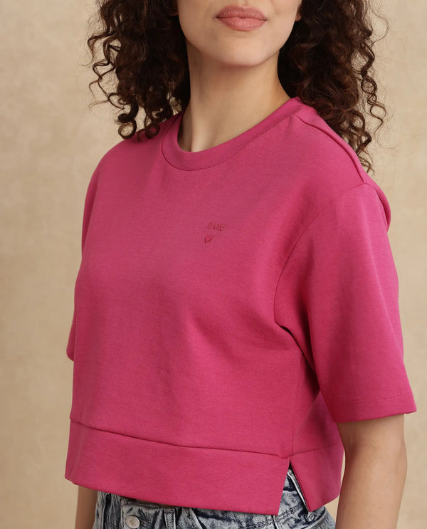 Rareism Women Aftok-T Pink Cotton Poly Fabric Half Sleeve Crew Neck Cropped Plain T-Shirt