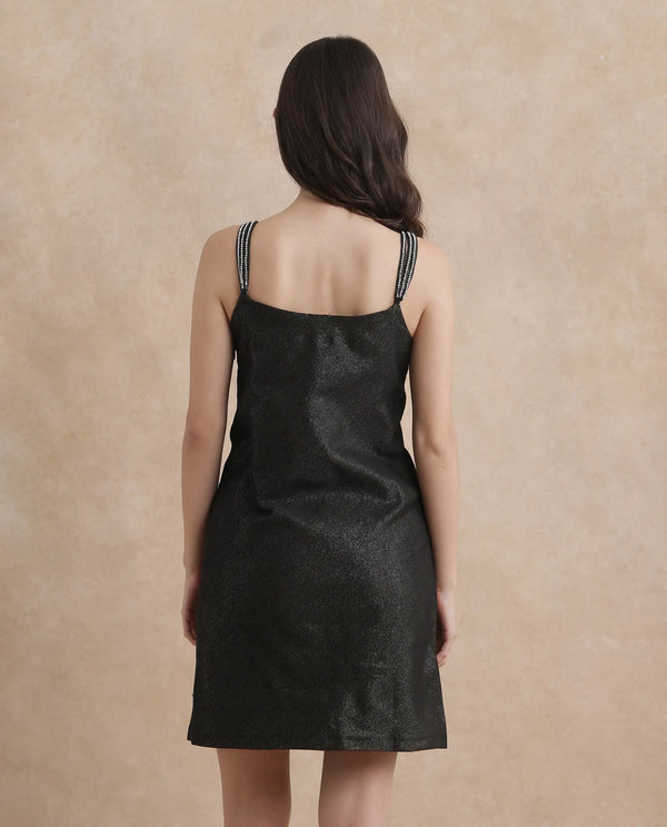 Rareism Women Agri Black Sleeveless Shoulder Straps Regular Fit Mini Jacquard Dress