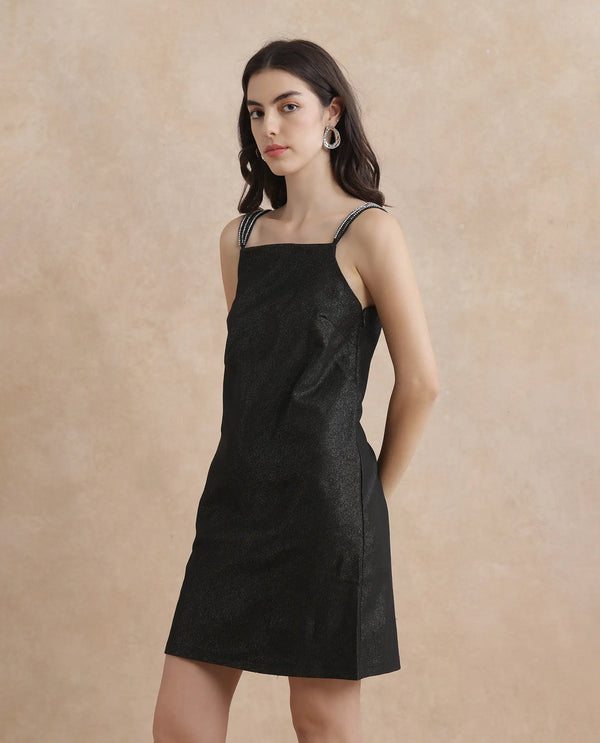 Rareism Women Agri Black Sleeveless Shoulder Straps Regular Fit Mini Jacquard Dress