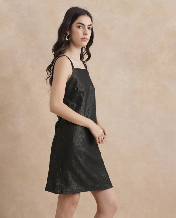 Rareism Women Agri Black Sleeveless Shoulder Straps Regular Fit Mini Jacquard Dress