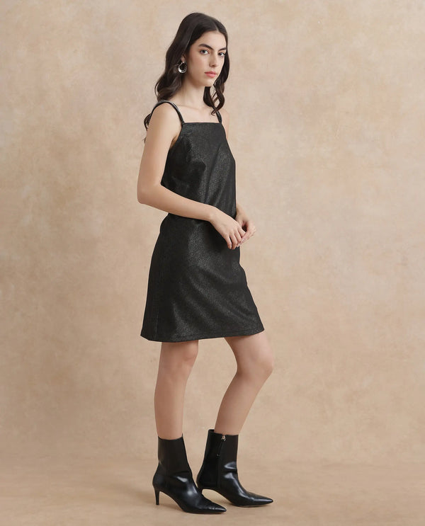 Rareism Women Agri Black Sleeveless Shoulder Straps Regular Fit Mini Jacquard Dress
