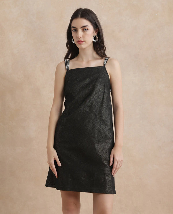 Rareism Women Agri Black Sleeveless Shoulder Straps Regular Fit Mini Jacquard Dress