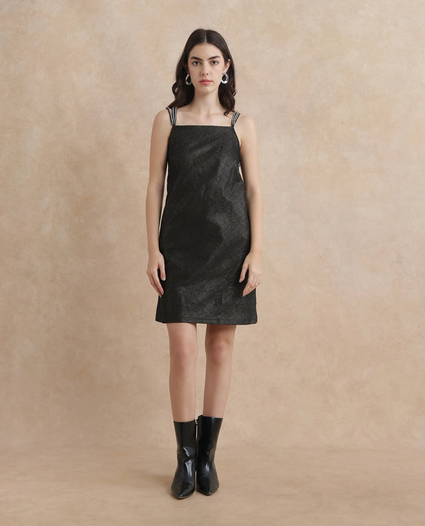 Rareism Women Agri Black Sleeveless Shoulder Straps Regular Fit Mini Jacquard Dress