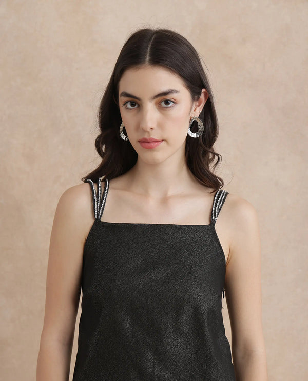 Rareism Women Agri Black Sleeveless Shoulder Straps Regular Fit Mini Jacquard Dress