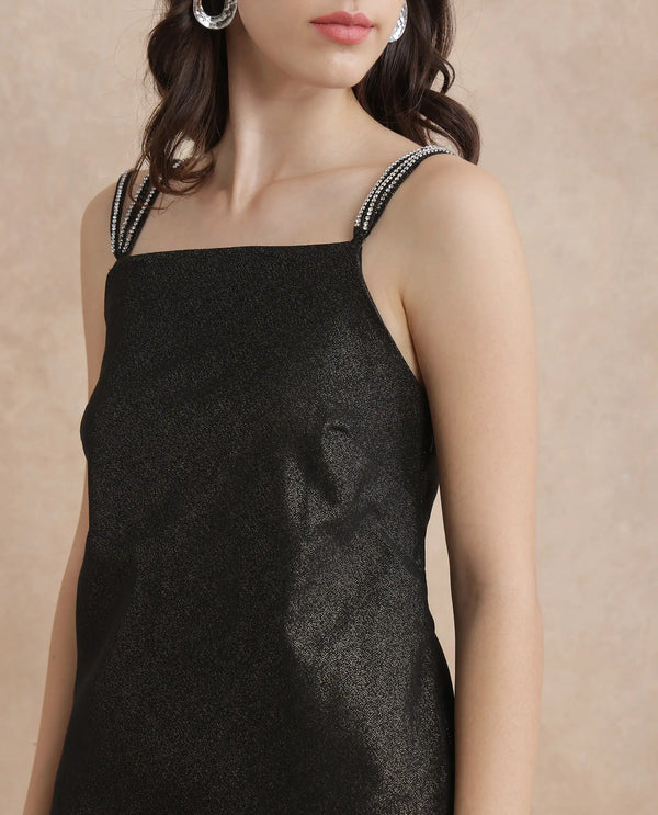 Rareism Women Agri Black Sleeveless Shoulder Straps Regular Fit Mini Jacquard Dress