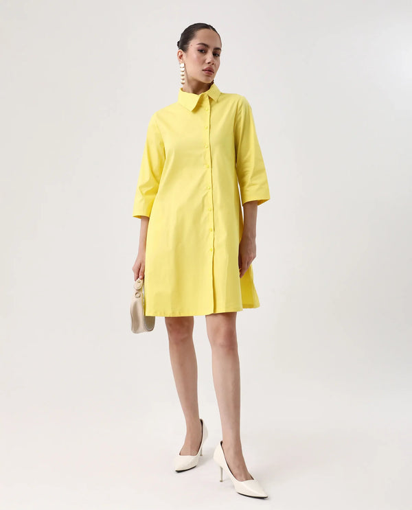 Rareism Women Ahho Yellow Regular Sleeve Asymmetric Neck A-Line Mini Plain Dress