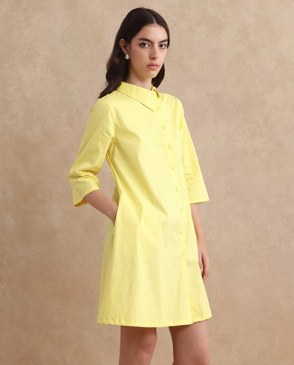 Rareism Women Ahho Yellow Regular Sleeve Asymmetric Neck A-Line Mini Plain Dress