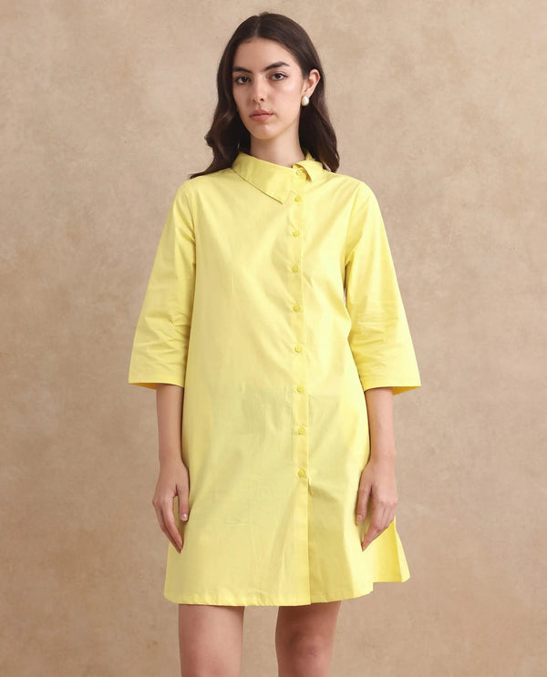 Rareism Women Ahho Yellow Regular Sleeve Asymmetric Neck A-Line Mini Plain Dress