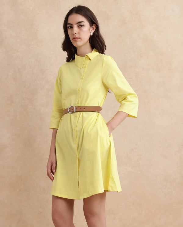 Rareism Women Ahho Yellow Regular Sleeve Asymmetric Neck A-Line Mini Plain Dress