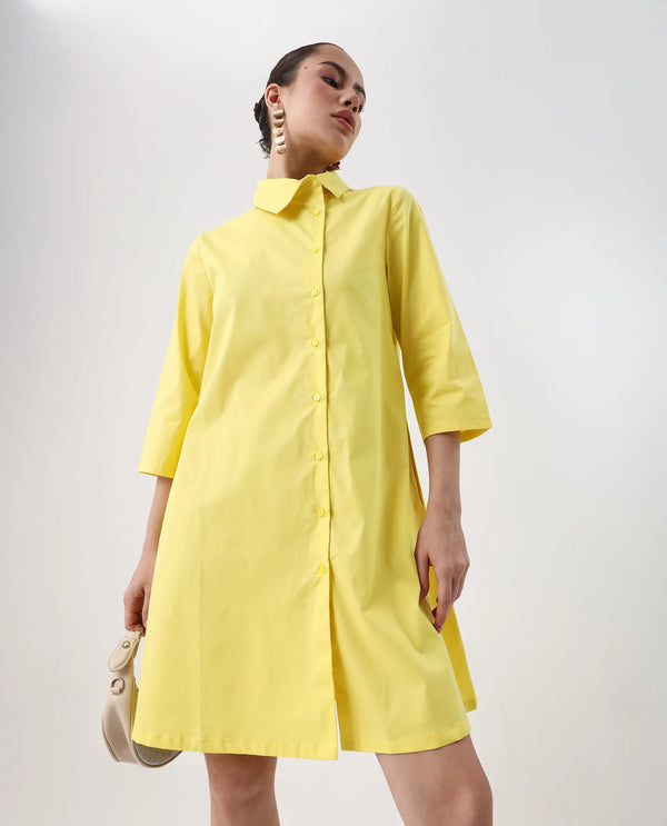 Rareism Women Ahho Yellow Regular Sleeve Asymmetric Neck A-Line Mini Plain Dress