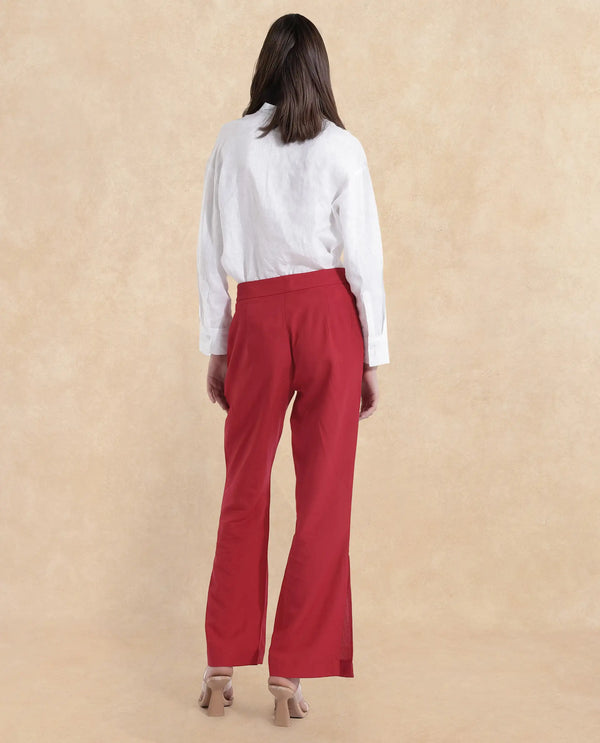 Rareism Women Ahome Dark Red Wide Plain Ankle Length Trouser