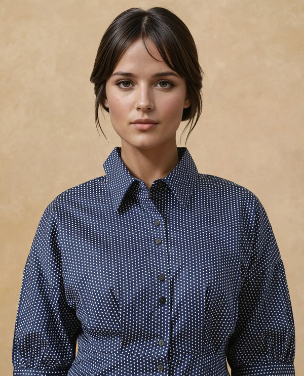 Rareism Women's Aiday Dark Blue  Drop Collar Button Closure Cuffed Sleeve Polka  Mini Dress