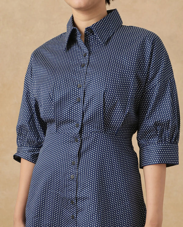 Rareism Women's Aiday Dark Blue  Drop Collar Button Closure Cuffed Sleeve Polka  Mini Dress