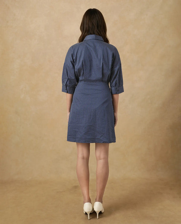 Rareism Women's Aiday Dark Blue  Drop Collar Button Closure Cuffed Sleeve Polka  Mini Dress