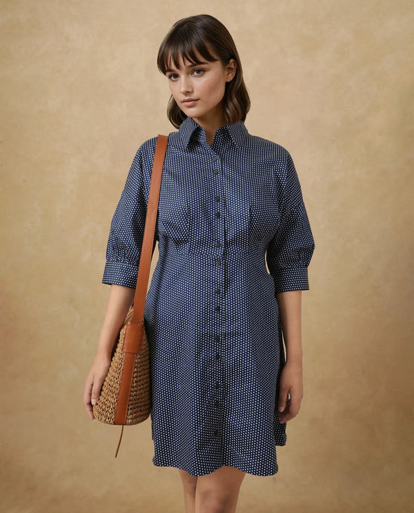 Rareism Women's Aiday Dark Blue  Drop Collar Button Closure Cuffed Sleeve Polka  Mini Dress