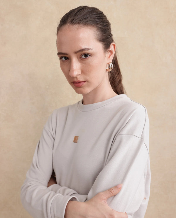 Rareism Womens Aimee Light Grey Sweatshirt Cotton Full Sleeve Crew Neck Solid